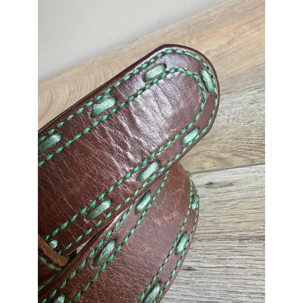 American Eagle Vintage Leather and Green Contrast Stitch Belt Brown S - Picture 3 of 11